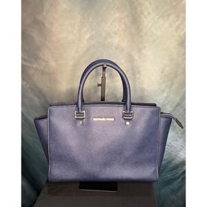 Michael Kors Selma Satchel Large Leather Navy Blue Handbag Purse Designer Bag